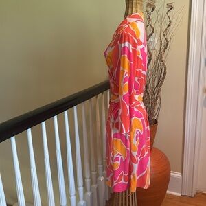 Laundry by Shelli Segal wraparound colorful dress. White pink orange coral.
